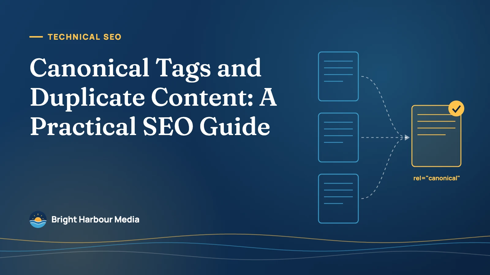Featured image: Canonical Tags and Duplicate Content: A Practical SEO Guide, with three duplicate pages pointing to one canonical page.