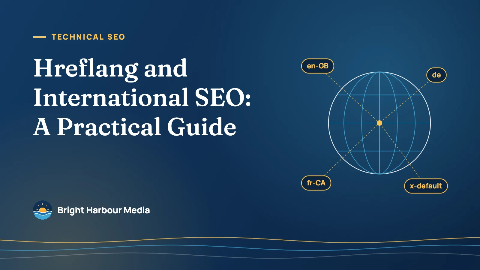 Bright Harbour Media featured image: “Hreflang and International SEO: A Practical Guide”, with a line-art globe linked to en-GB, de, fr-CA and x-default language tags.