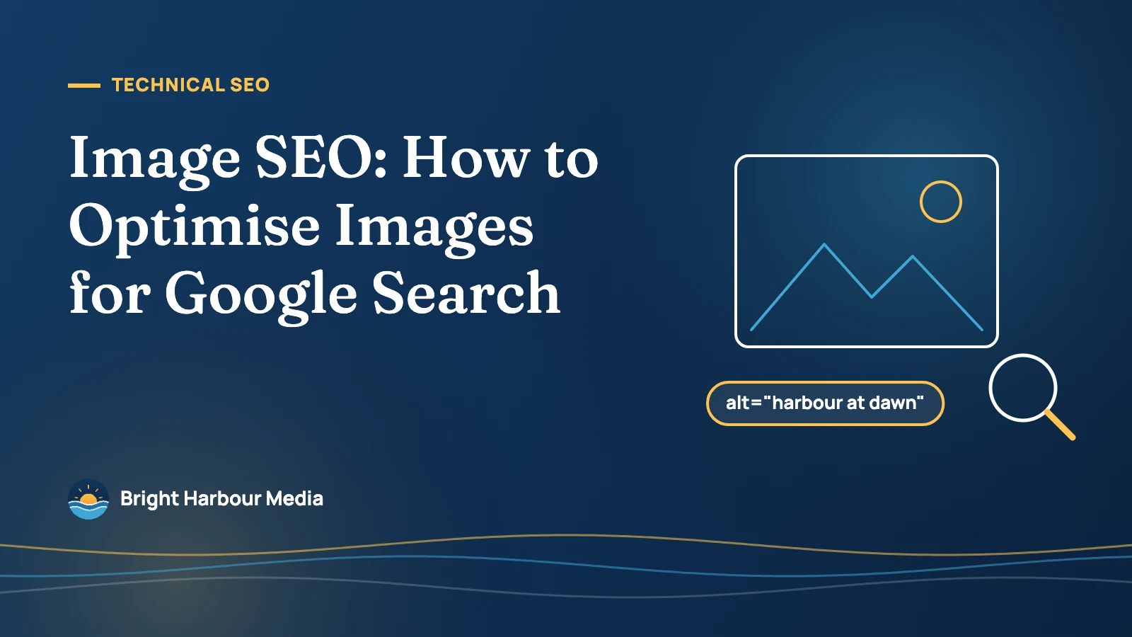 Bright Harbour Media featured image: Image SEO, showing a photo frame with an alt attribute label and a magnifying glass.