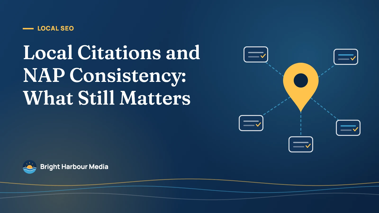 Featured image: “Local Citations and NAP Consistency: What Still Matters” with a map pin connected to five verified directory listings — Bright Harbour Media