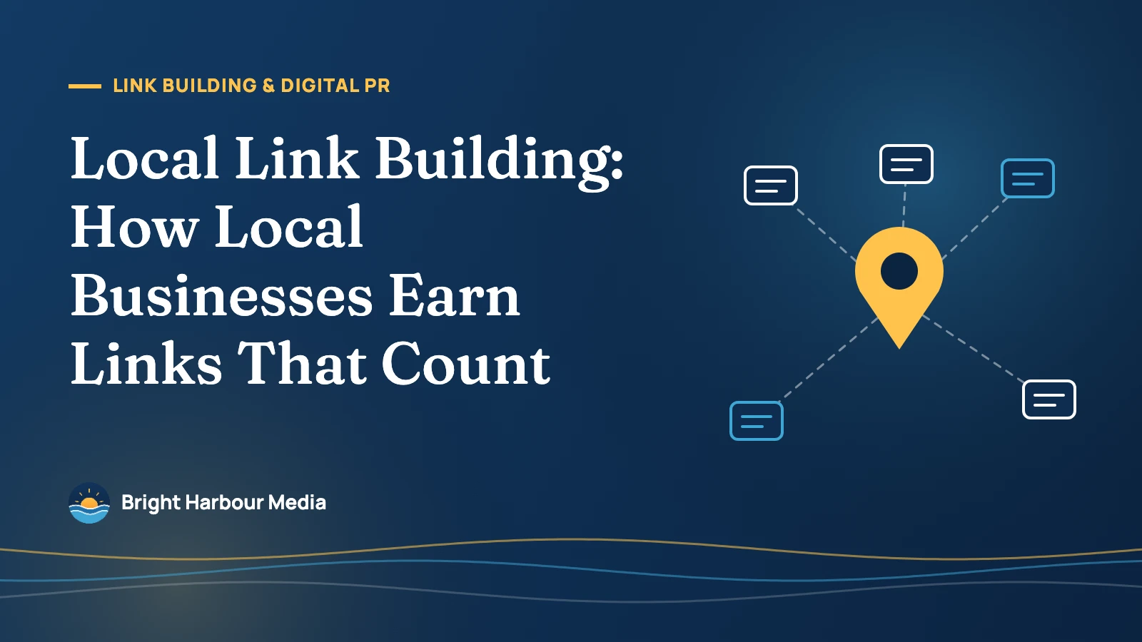 Featured image: Local Link Building: How Local Businesses Earn Links That Count, with a map pin linked to five web page icons
