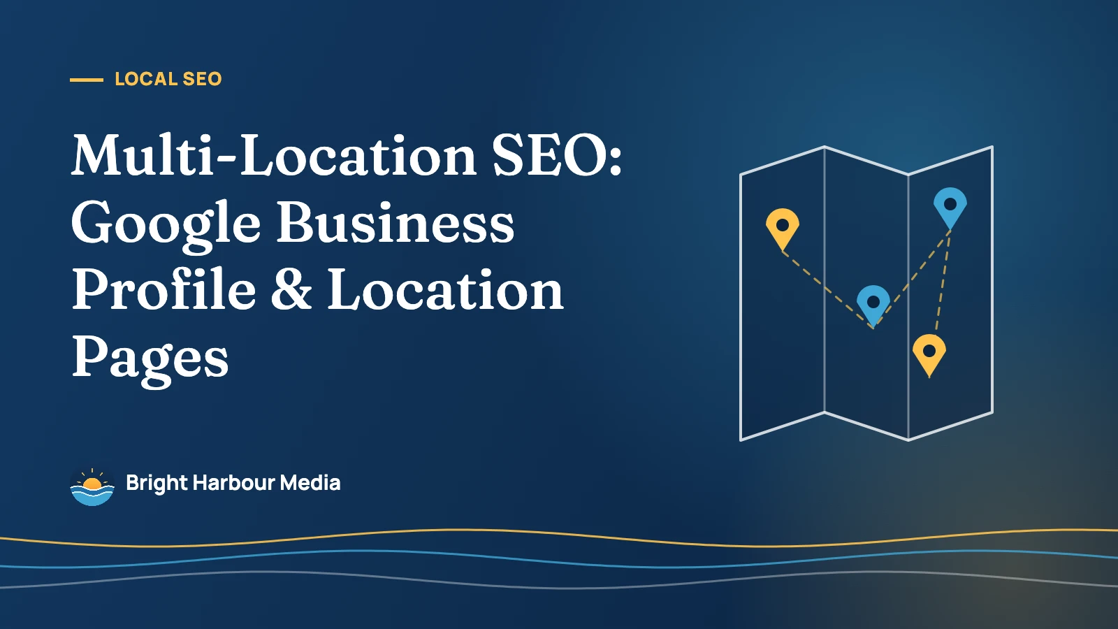 Bright Harbour Media featured image: Multi-Location SEO — Google Business Profile and Location Pages, with a folded map and four location pins.